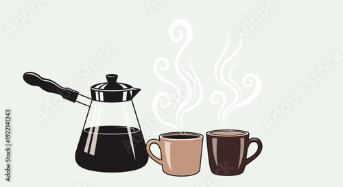 Coffee Pot and Mugs with Steam Illustration.