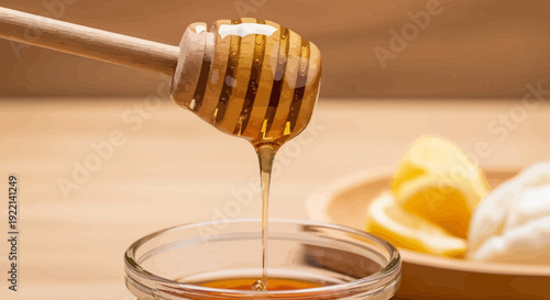 Honey dripping from wooden dipper into glass with lemon and plate background