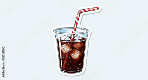 Refreshing Cola Drink with Ice Cubes and Striped Straw.