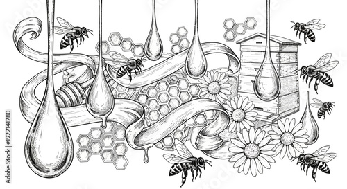 Honey dripping illustration with bees flowers honeycomb and beehive elements