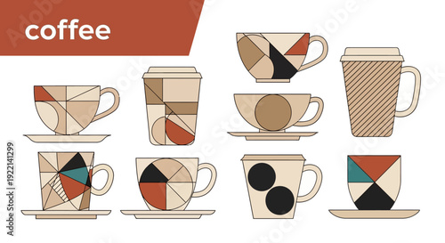 Geometric Coffee Cup Collection: Modern Design Mugs and Saucers.