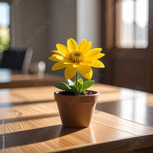 Vibrant Yellow Sunflower Blooming in a Brown Pot on a Wooden Table.