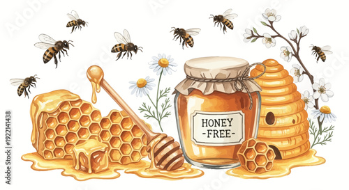 Honey jar beehive honeycomb flowers and bees isolated on white background