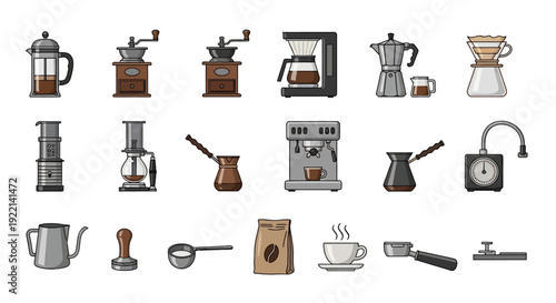 Collection of Coffee Brewing Equipment and Accessories in Cartoon Style.