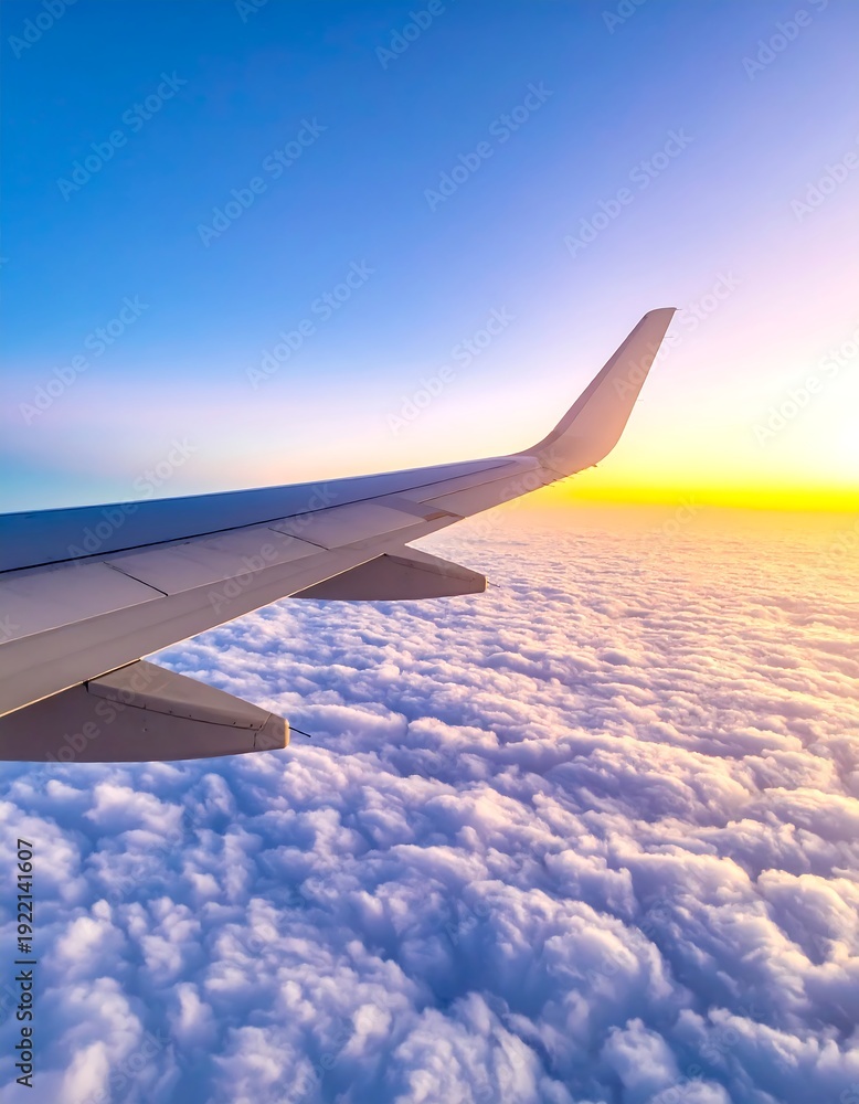Obraz premium Airplane wing soaring through clouds during sunrise
