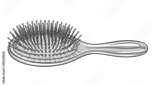 Hand drawn illustration of a classic oval hairbrush with fine bristles and a silver metallic finish for personal grooming and beauty care.