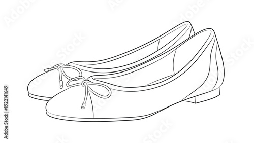 Minimalist line drawing of a pair of elegant ballet flat shoes with small bows, perfect for women fashion and comfortable footwear design.
