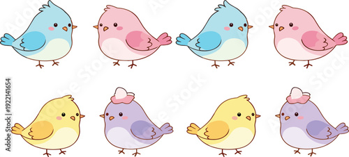 Cute pastel cartoon birds collection with adorable colorful chicks in kawaii style isolated vector illustration set