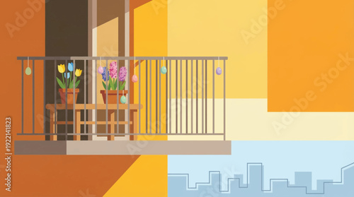 Sunny apartment balcony decorated for Easter, potted spring flowers and hanging eggs vector illustration