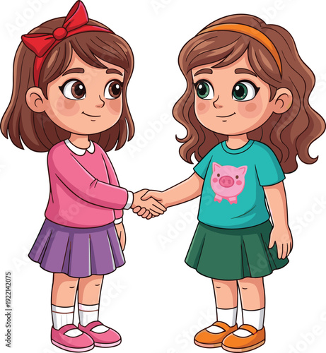 Two cute cartoon girls shaking hands and smiling to show friendship reconciliation and conflict resolution after an argument or fight in a playground