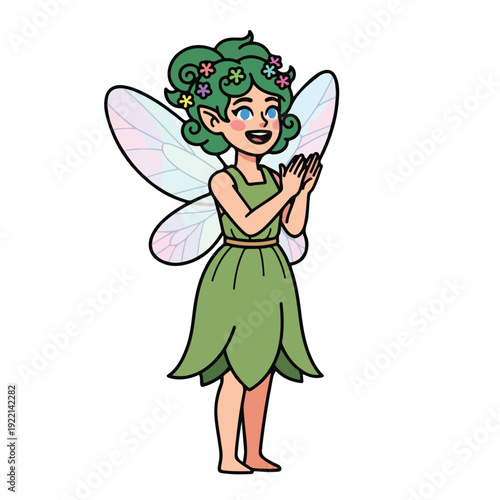 Green fairy with flowers in curly hair and hands together