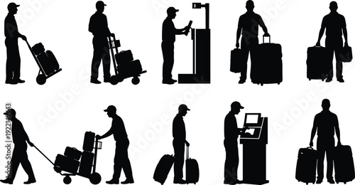Airport Travel Silhouettes Set Featuring Porter Pushing Luggage Cart Passenger Weighing Suitcase Traveler at Self Service Check In Kiosk Terminal Transit Vector Illustration Collection