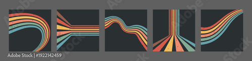Stripe rainbow groovy. Set of Artistic square backdrops with playful geometric arches on dark. Vintage wallpaper and modern graphic layouts. Retro vector illustration.