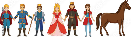 Fairy tale royal characters vector set prince princess king queen knight and horse cartoon illustration collection
