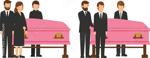 Funeral ceremony with mourners standing beside coffin cartoon vector illustration people mourning collection isolated set
