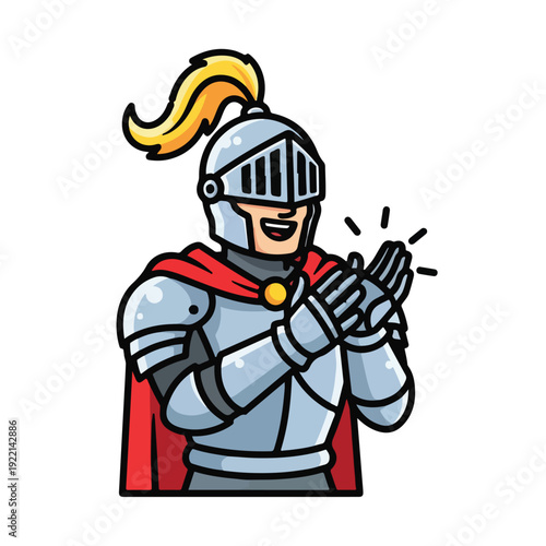 Medieval knight in armor clapping with excitement or applause