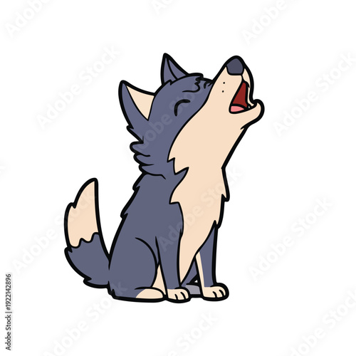 Cartoon wolf howling at the moon with open mouth and tilted head