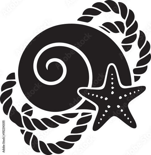 Seashell and starfish silhouette with knotted nautical rope for beach themed crafts and ocean life inspired graphic illustrations