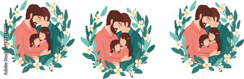 Happy family portrait with parents and child in floral wreath flat vector illustration love and care concept