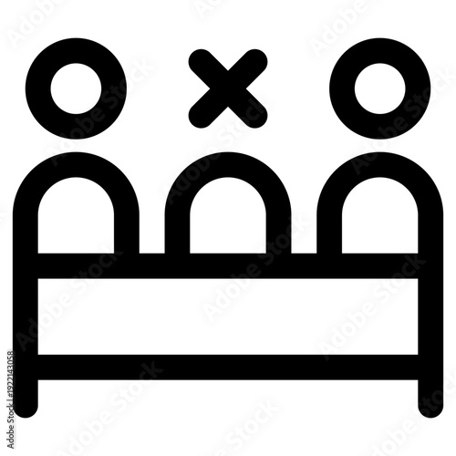 A clear vector illustration of social distancing, featuring individuals at a table with an X symbol indicating separation. Ideal for conveying concepts of exclusion or restricted access.