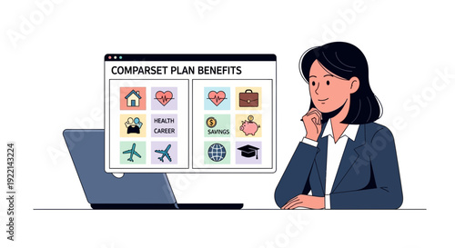 Woman analyzes benefits plan on laptop computer financial planning healthcare