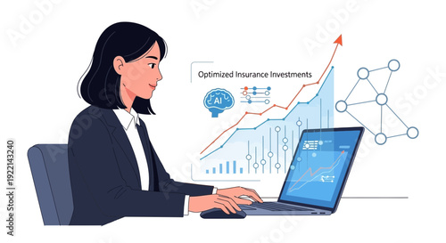 Woman analyzes financial data on laptop screen for insurance investment