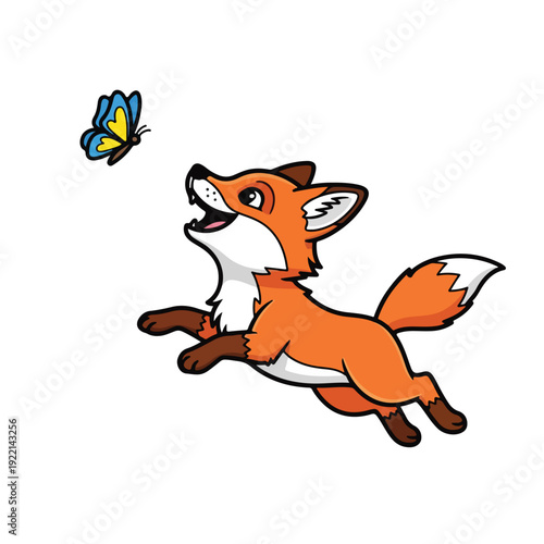 Cartoon fox running after colorful butterfly outdoors