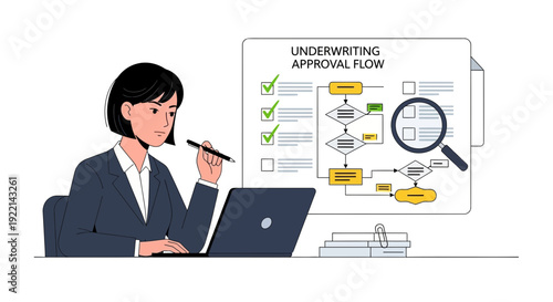 Woman analyzes workflow diagram with laptop business illustration concept