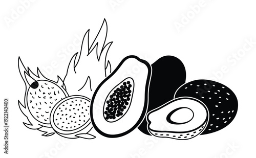 A black and white of a variety of tropical fruits, including dragon fruit, papaya, and avocado