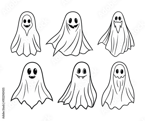 Six adorable cartoon ghost characters with different expressions for halloween, spooky, or fun-themed projects