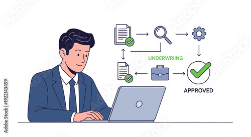 Businessman working on laptop with underwriting and approval process diagram