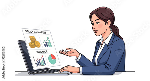 Businesswoman analyzes financial data on laptop screen for investment strategies