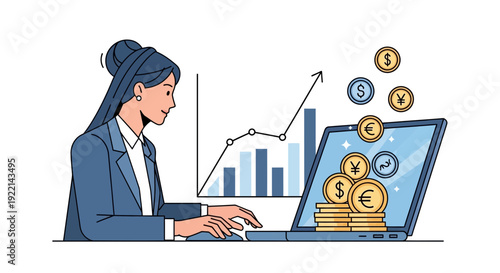 Businesswoman analyzes financial growth on a laptop screen with stacked coins