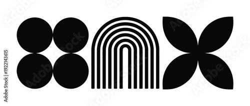 Abstract Black and White Geometric Shapes: Circles, Rainbow Arch, and Quatrefoil