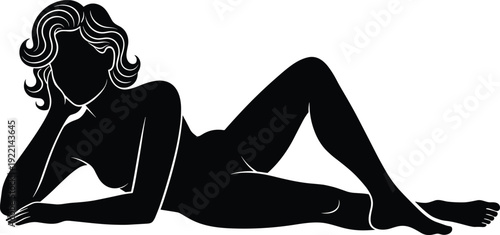 Elegant reclining woman silhouette vector illustration with flowing hair sensual pose minimalist black design isolated on white background modern art