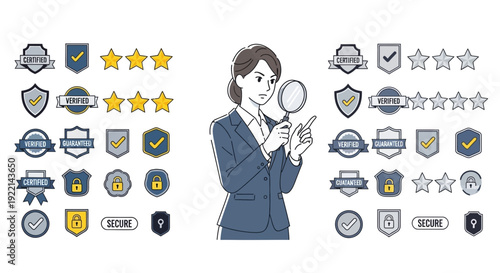 Businesswoman examining with magnifying glass review and verification icons
