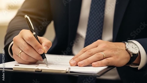 Close-up of a professional businessman's hands in a suit, signing a formal document on a clipboard with a pen.
