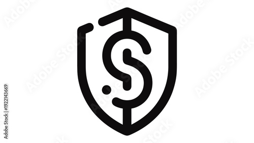 Black shield with stylized dollar sign and dot inside white