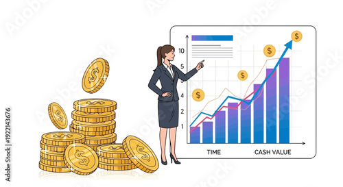 Businesswoman pointing to a financial growth chart with coins and arrow illustration