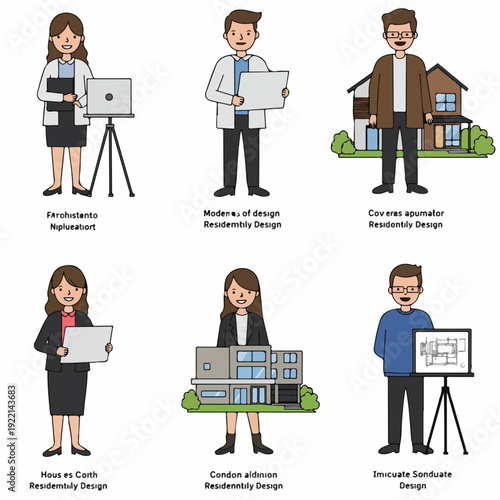 Cartoon architects and designers showcasing building plans, residential homes, and modern structures using laptops and blueprints for property development.