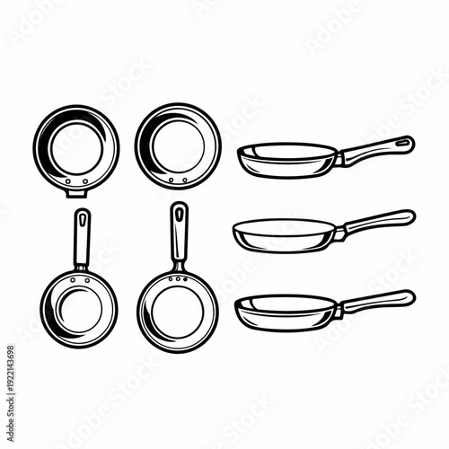 Monochrome Collection of Frying Pans: A Set of Kitchen Cookware Illustrations in Black and White Line Art Style with Various Angles and Views