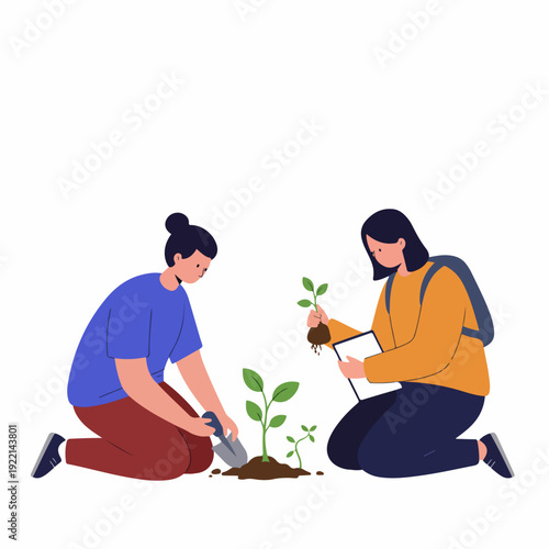 Two individuals diligently planting saplings and recording data, showcasing environmental conservation, education, and sustainable gardening practices.