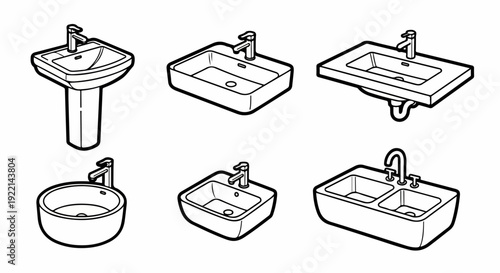 Set of Various Line Art Sinks and Washbasins for Bathroom and Kitchen Interior Design Concepts