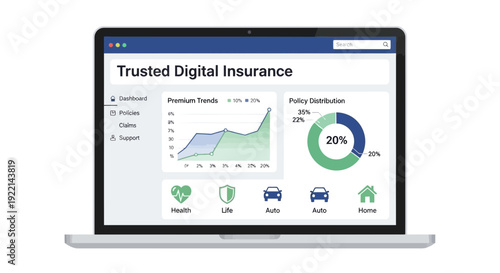 Digital insurance dashboard displayed on a laptop screen illustration