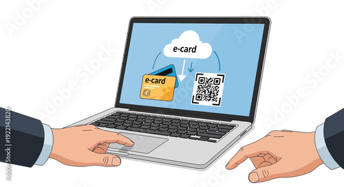 Electronic card transfer illustration on a laptop computer with cloud service