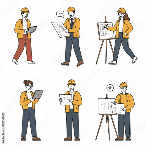 Diverse architects and engineers collaborating on construction plans with blueprints, tablets, and drafting tools in a modern, professional work environment.