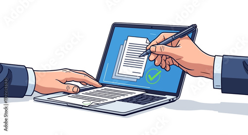 Electronic signature concept hand signing digital documents on laptop screen