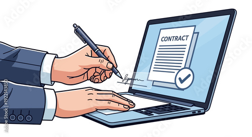 Electronic signature on contract document displayed on laptop screen