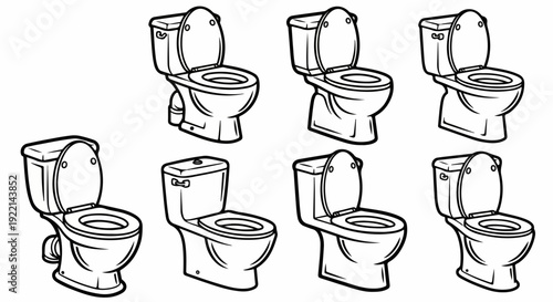 Collection of various open toilet bowls in black and white line art vector illustrations, perfect for plumbing and bathroom design themes.