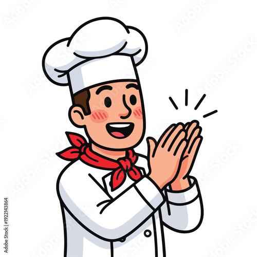 Smiling chef in white uniform and red scarf clapping hands